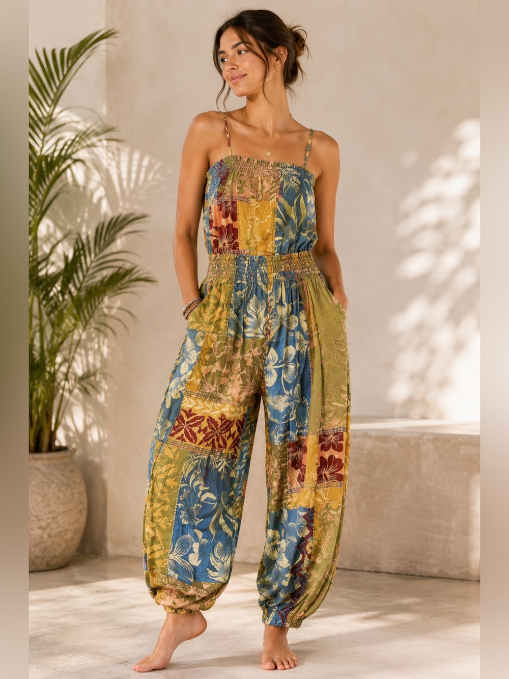 Free People Patchwork Tropical Print Harem Jumpsuit Romper XS
